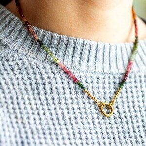 GORGEOUS Watermelon Tourmaline Beaded Necklace W/Gold Charm Clasp Non-Tarnish